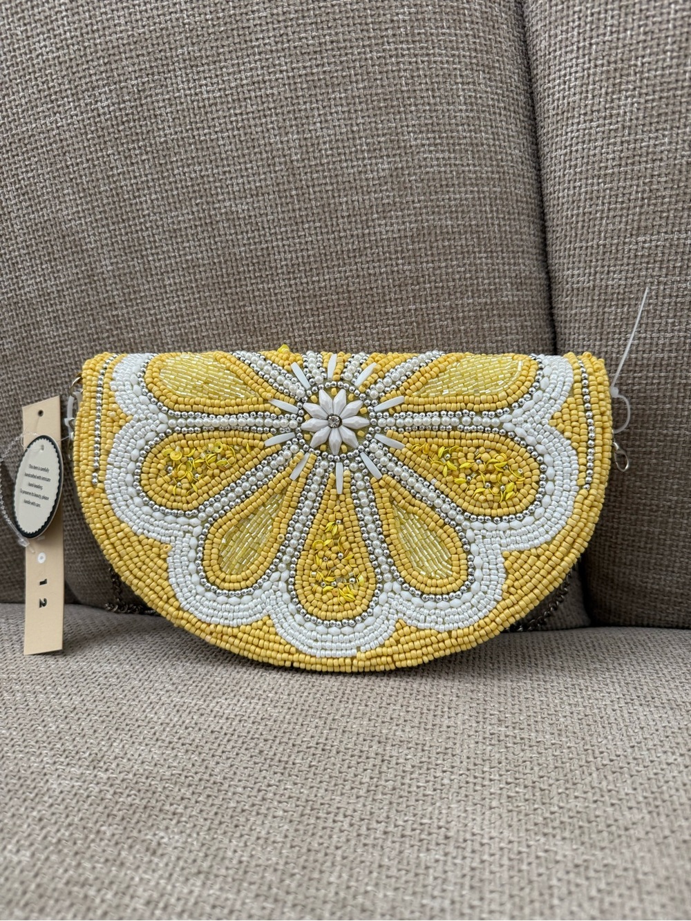Hand-Beaded Yellow Floral Half-Moon Clutch by